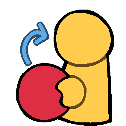 an emoji-yellow figure holding a red ball with a blue arrow pointing from the ball to the figure.